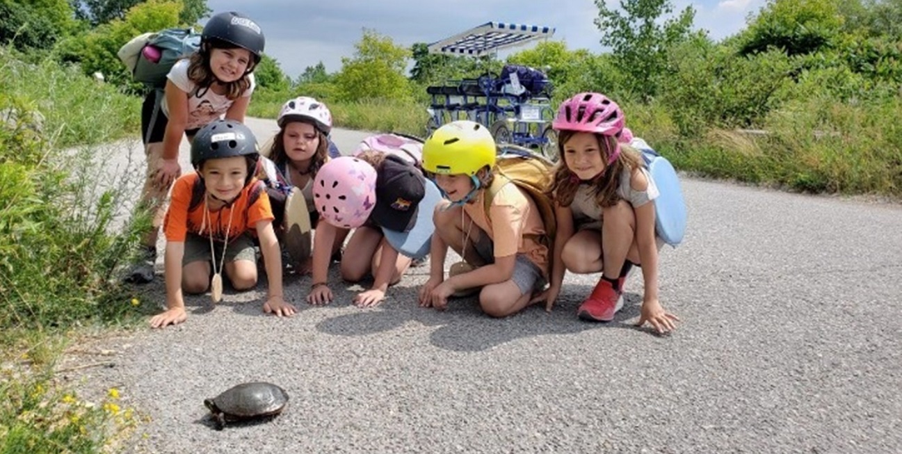 summer campers meet a turtle on a multi-use trail at Tommy Thompson Park