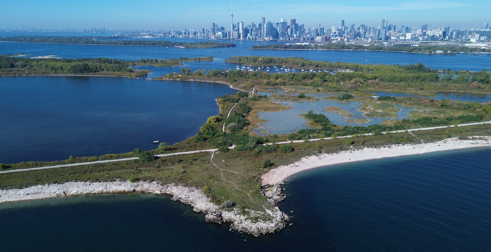an aerial view of Tommy Thompson Park with the Toronto skyline in the background